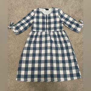 Roolee Blue and White Gingham Midi Dress with Tie Cuffs